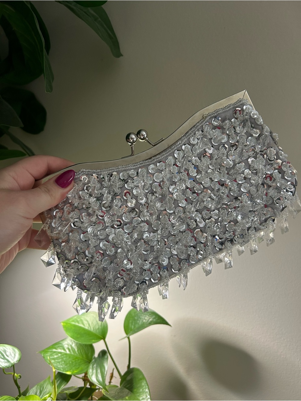 Silver Sequin Beaded Evening Clutch
